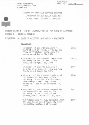 Microfilm Collection Index - Town of Oakville, Council Records, Abstracts, Agreements, Assessments, Bonds, Correspondence, Halton Board of Education