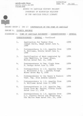 Microfilm Collection Index - Town of Oakville, Council Records, Correspondence, Courts, Insurance Policies, Legislation