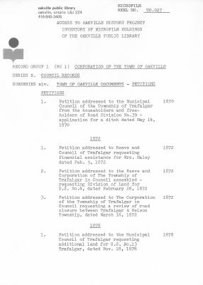 Microfilm Collection Index - Town of Oakville, Council Records, Petitions, Receipts, Statements, Statutory Declarations, Voter's Lists, Wills