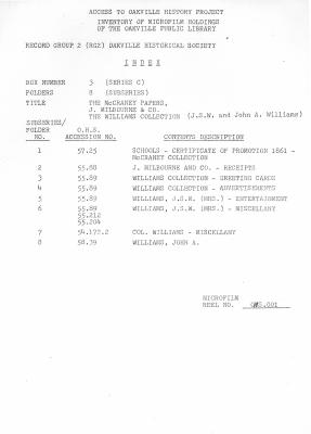 Microfilm Collection Index - The McCraney Papers, J. Milbourne & Co., The Williams Collection, Hiram Smith Papers, Moorhouse Papers, Miscellaneous Papers