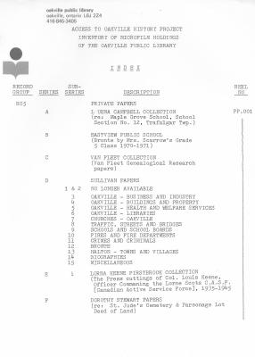 Microfilm Collection Index - Luena Campbell Collection, Eastview Public School, Van Fleet Collection, Sullivan Papers