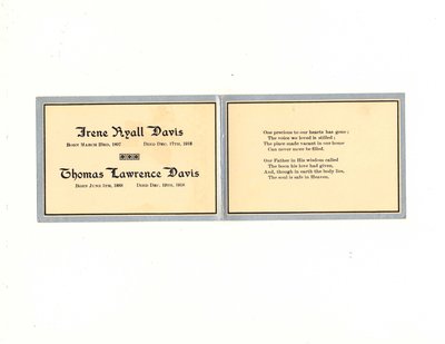 Funeral card for Irene Ryall Davis and Thomas Lawrence Davis