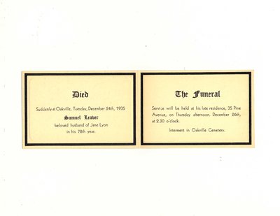 Funeral card for Samuel Leaver