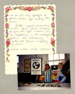 Bronte Horticultural Society Banner and thank you note for Betty Steel