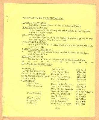 Bronte Horticultural Society 1972 Trophy List