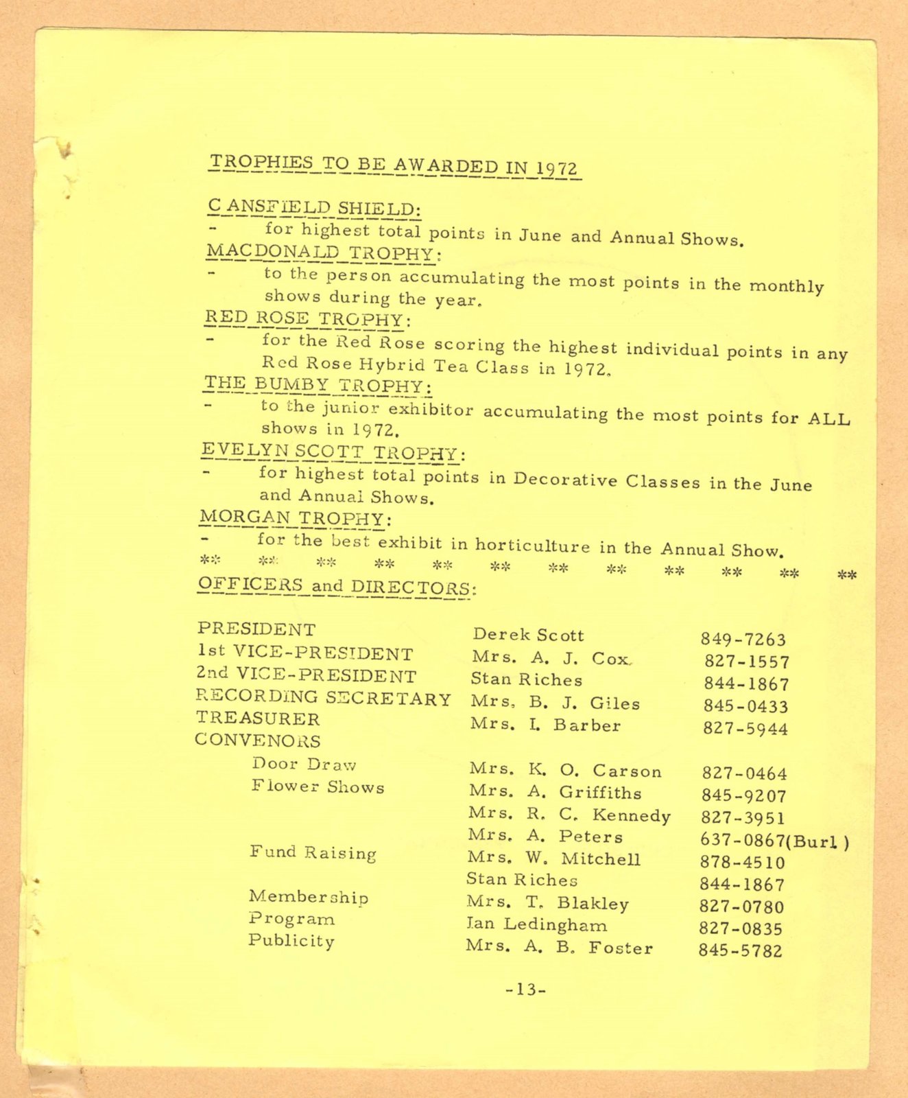 Bronte Horticultural Society 1972 Trophy List