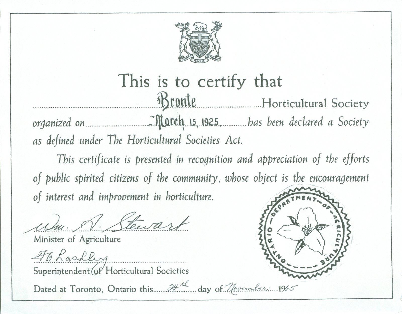 Bronte Horticultural Society certificate from the Ontario Department of Agriculture (1965)