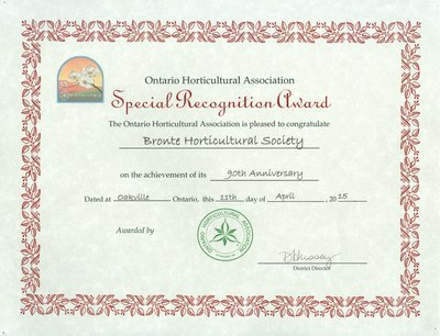 Bronte Horticultural Society 90th Anniversary certificate from Ontario Horticultural Association