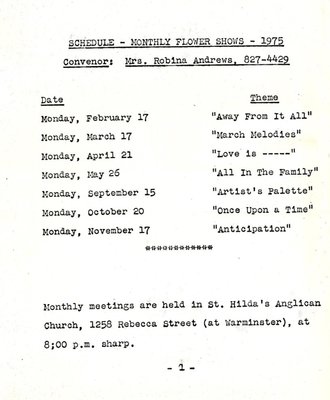 Bronte Horticultural Society Monthly Flower Shows Schedule (1975)