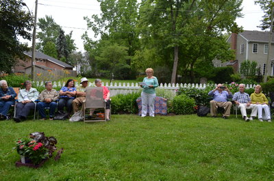 Paula Warwick making opening remarks at Bronte Horticultural Society 90th Anniversary plaque unveiling