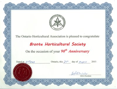 Bronte Horticultural Society 90th Anniversary Certificate from OHA