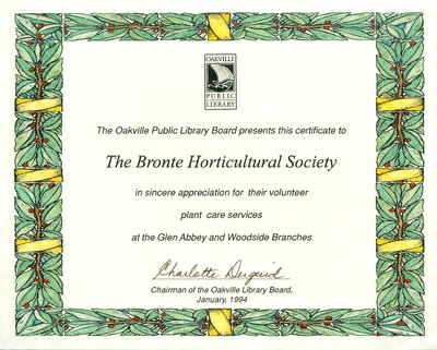 Bronte Horticultural Society Certificate from the Oakville Public Library Board