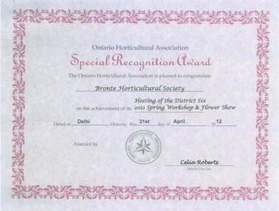 Bronte Horticultural Society Certificate from OHA / 2011 Spring Workshop & Flower Show