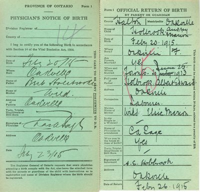 Notice and Return of Birth for Audrey Marion Holbrook