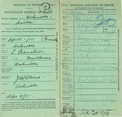 Notice and Return of Birth for Dorothy Jean Bouchier