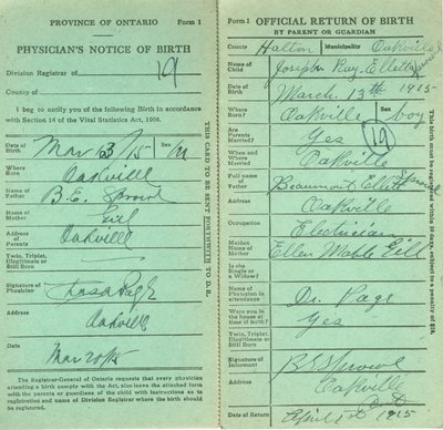 Notice and Return of Birth for Joseph Ray Ellett Sprowl