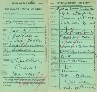 Notice and Return of Birth for Gertrude Elizabeth Wilkes