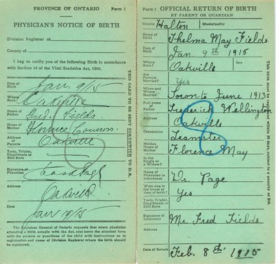 Notice and Return of Birth for Thelma May Fields