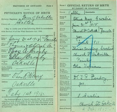 Notice and Return of Birth for Olive May Crosbie