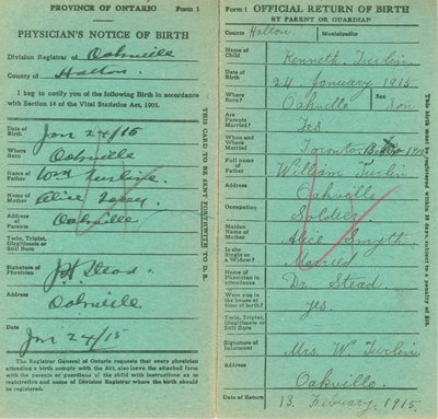 Notice and Return of Birth for Kenneth Turlin