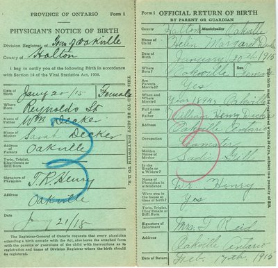 Notice and Return of Birth for Helen Margaret Decker