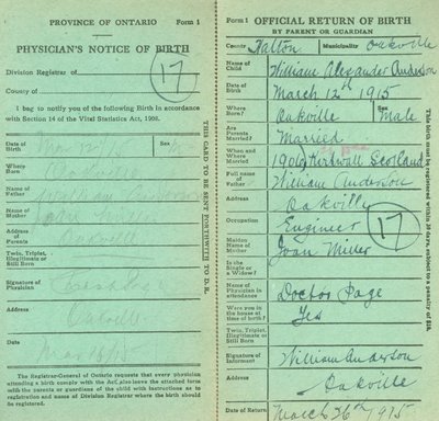 Notice and Return of Birth for William Alexander Anderson