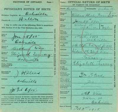 Notice and Return of Birth for William Charles Francis Wass