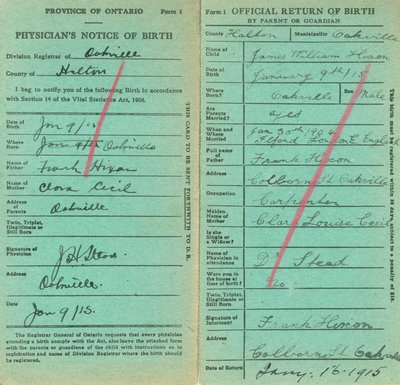 Notice and Return of Birth for James William Hixon