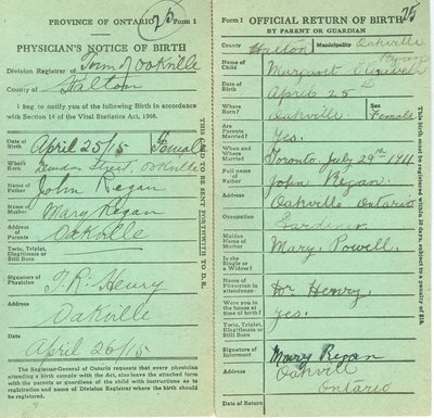 Notice and Return of Birth for Margaret Elizabeth Regan