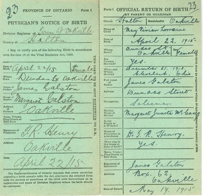 Notice and Return of Birth for Mary Vivian Lorraine Galston