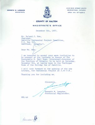 Letter from Kenneth Langdon to Ryland New