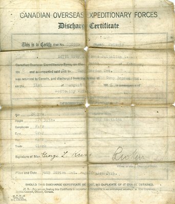 CANADIAN OVERSEAS EXPEDITIONARY FORCES Discharge Certificate