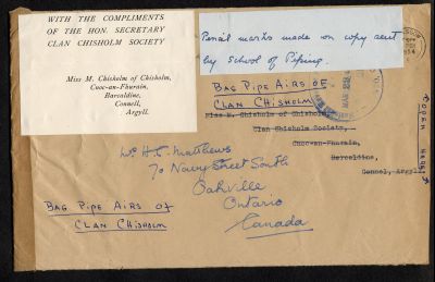 Envelope in which Hazel Chisholm received a copy of the Bag Pipe Airs of Clan Chisholm