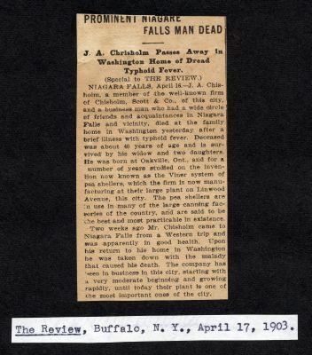 &quot;The Review&quot;, Buffalo, N.Y. April 17, 1903   &quot;Prominent Niagare falls man dead&quot;