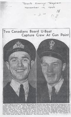 While protecting oil tankers carrying vital oil supplies, H.M.C.S. Oakville captured a German U-boat on 28 Aug 1942. Sub Lt. Lawrence (L) and Petty Officer Powell (R) boarded the surfaced sub and shot two German crew members before gaining control.