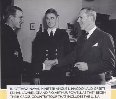 Naval Minister meets Lt. Hal Lawrence and P.O. Arthur Powell in Ottawa