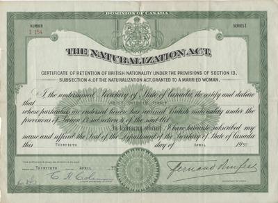 Juliet Chisholm's certificate of Retention of British Nationality. The Naturalization Act.