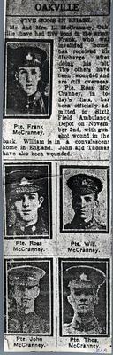 Frank and Thomas McCraney were privates with the First Canadian Light Infantry; John, Ross, and William McCraney were privates with the Canadian Infantry. (McCraney was misspelled as McCranney in the article)