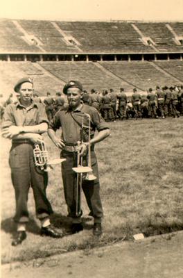 Browne Brothers Garfield "Gar" (right) and Canboro "Can" (left) with the Queen's Own Battalion Band at the sport stadium in Berlin.