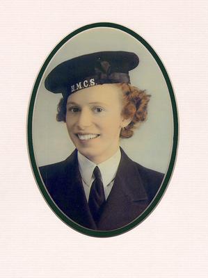 Rose Cutmore enlisted with the Women’s Royal Canadian Naval Service in 1942. After basic training she was posted to H.M.C.S. King’s in Halifax. Married in February 1944 to George “Bud” Daikens, she left as a Leading WREN and expectant mother in 1944.
