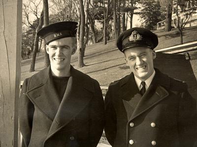 Brothers Edward M. Davis and Robert W. Davis. Edward M. Davis (left) joined the Royal Navy and was posted to HMS Illustrious as a Torpedo Bomber Pilot. Robert W. Davis (right) joined the Shipwright Branch of the Royal Canadian Navy.