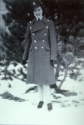 Marie McDonald. Formerly Marie Lang. Leading Air Woman for the Royal Canadian Air Force. Met husband Malcolm McDonald while in the service and returned with him to Oakville following the war.