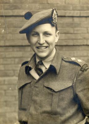 Donald Elmore Leaver. Lieutenant in the Lorne Scots, serving as an infantry reinforcement officer. Joined the Algonquin Regiment and fought as a platoon commander in France, Belgium, and Holland. He was wounded in Holland, 1944.