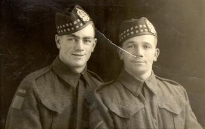 Harold (left) and Edward (right) Waller in England. Ed first joined the 48th Highlanders, then transferred to the Lorne Scots to go overseas. Harold also went overseas with the Lorne Scots.