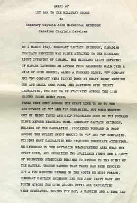 Award of 1st Bar to the Military Cross to Honorary Captain John MacMorran Anderson Canadian Chaplain Services (page one of two)