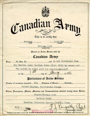 Canadian army document certifying active service on the part of Private William Cook from 25 May 1943 to discharge date of 1 August 1946.