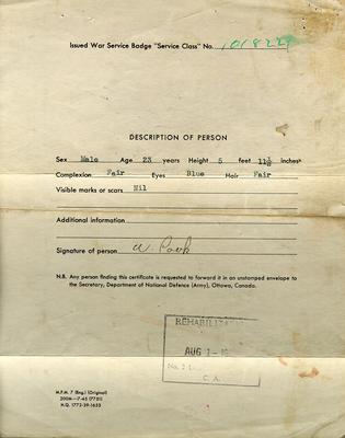 Canadian army document for William Cook with stamp for date of discharge (1 August 1946).