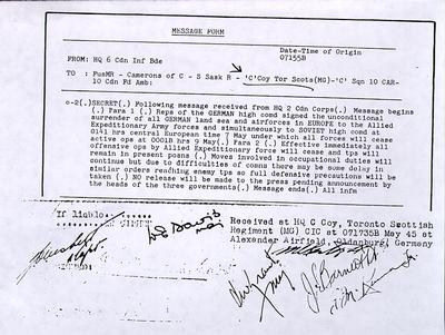 Message communicating the unconditional surrender of German land, sea, and airforces in Europe to the Allied Expeditionary Army forces, May 1945.