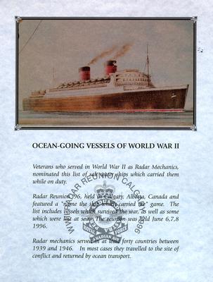 Document titled &quot;Ocean-Going Vessels of World War II&quot; from the WWII Radar Reunion held in Calgary 1996 (1 of 3).