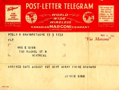 Telegram from Jimmie Gibb to Mrs. E. Gibb.